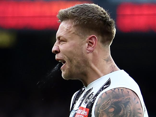 MELBOURNE, AUSTRALIA – MAY 18: Jordan De Goey of the Magpies celebrates kicking a goal during the round 10 AFL match between Collingwood Magpies and Kuwarna (the Adelaide Crows) at Melbourne Cricket Ground, on May 18, 2024, in Melbourne, Australia. (Photo by Quinn Rooney/Getty Images)