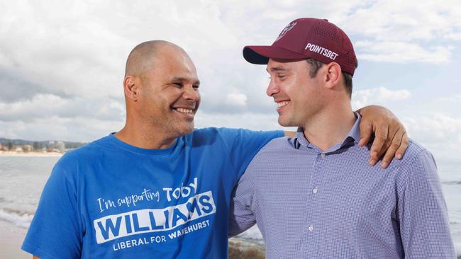 Ex-Manly fullback Darrell Williams has flown back to his old stomping ground to help son Toby fight for his political life. Toby is hoping to replace Brad Hazzard in Wakehurst at the State Election. Picture: David Swift