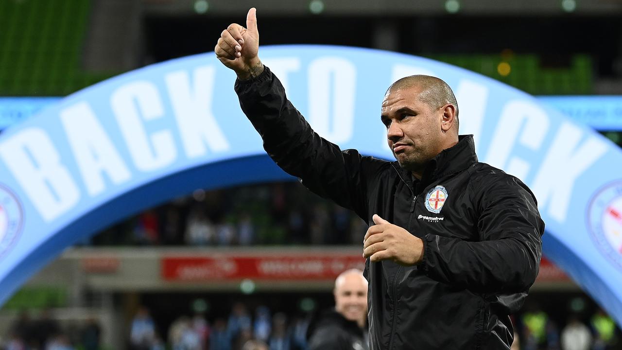 MELBOURNE, AUSTRALIA - MAY 09: Patrick Kisnorbo the coach of Melbourne City celebrates winning during the A-League Men's match between Melbourne City and Wellington Phoenix at AAMI Park, on May 09, 2022, in Melbourne, Australia. (Photo by Quinn Rooney/Getty Images)
