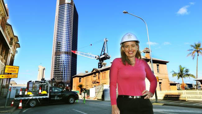 Minister for Tourism Industry Development Kate Jones at the installation of the first of up to 10 cranes on the $3.6 billion Queen's Wharf Project construction site — the Gold Coast’s project by comparison is proving more tricky. Picture: AAP.