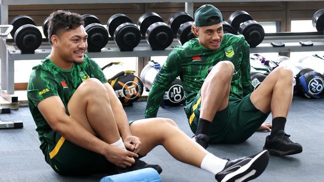 Jeremiah Nanai and Murray Taulagi take part in a gym session during an Australia Kangaroos media opportunity ahead of the Rugby League World Cup at E-Lab Training on October 06, 2022 in Sydney, Australia. (Photo by Brendon Thorne/Getty Images)