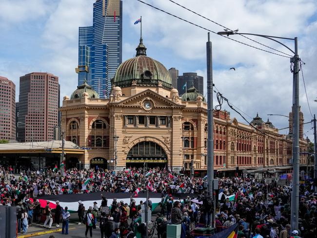 Pro-Palestine protesters outside Flinders Street station on October 06, 2024 in Melbourne, Australia. Picture: Asanka Ratnayake