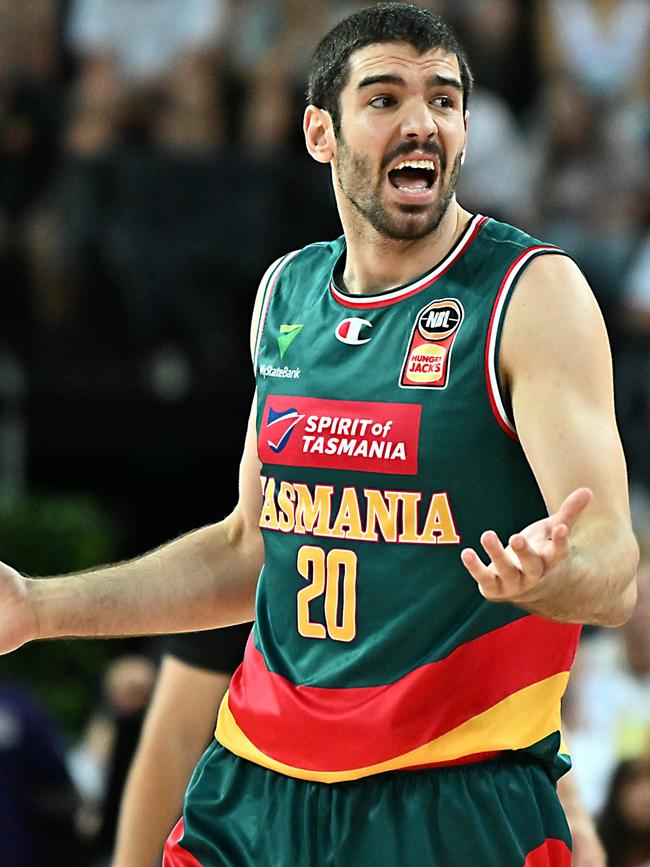 Fabijan Krslovic of the Jackjumpers reacts during game three of the NBL Semi Final series match between New Zealand Breakers and the Tasmania Jackjumpers at Spark Arena, on February 19, 2023, in Auckland, New Zealand. (Photo by Masanori Udagawa/Getty Images)