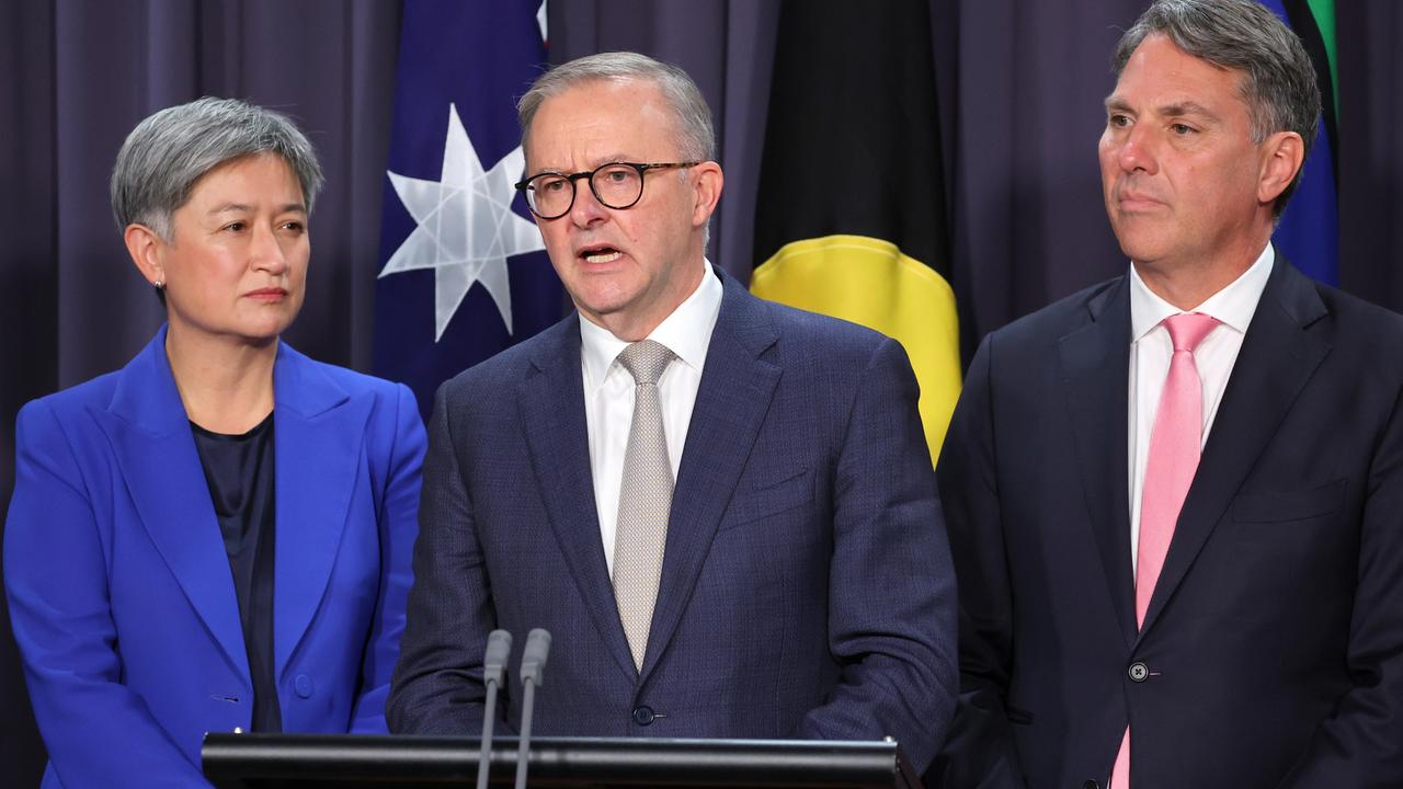 Prime Minister Anthony Albanese (centre) with Penny Wong and Richard Marles. Picture: David Gray/Getty Images