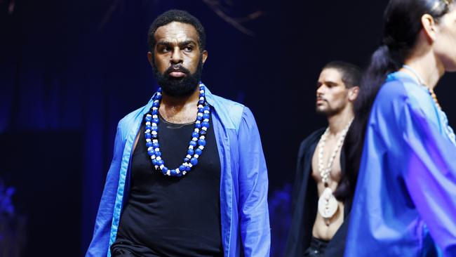 Charlie Maawi models the Wali Kara collection by designer Emily Beckley at the Cairns Indigenous Art Fair fashion performance, Woven, held at the Tanks Arts Centre, Edge Hill. Picture: Brendan Radke