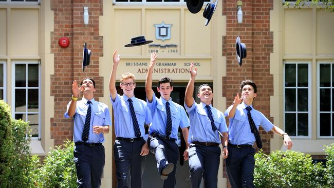 Brisbane Grammar School has scored the top OP results in the state. Current students Tim Weber, James Kenny, Nick Miller, Ryan Ah Yek and Noah Rosemann 17. Pic: Jamie Hanson