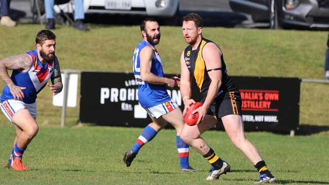 Lobethal midfielder Aidan Riley looks to kick during the Hills Football League match against Onkaparinga Valley on Saturday. Picture: Aliza Fuller/Lobethal Football Club