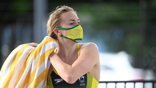 CAIRNS, AUSTRALIA – JULY 13: In this handout image provided by Swimming Australia, Ariarne Titmus looks on during a Covid Mask Familiarisation Rehearsal Day as part of the Australian Dolphins Swimming Team Camp ahead of the Tokyo 2020 Olympic Games Tobruk Pool on July 13, 2021, in Cairns, Australia. (Photo by Delly Carr/Swimming Australia via Getty Images)