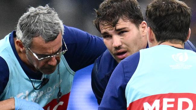 France captain Antoine Dupont went off injured after a high tackle in his side’s win over Namibia. Picture: AFP