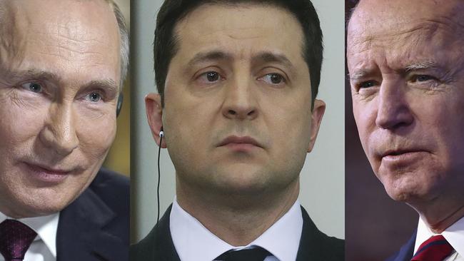 Vladimir Putin, Volodymyr Zelensky and Joe Biden. Pictures: AFP