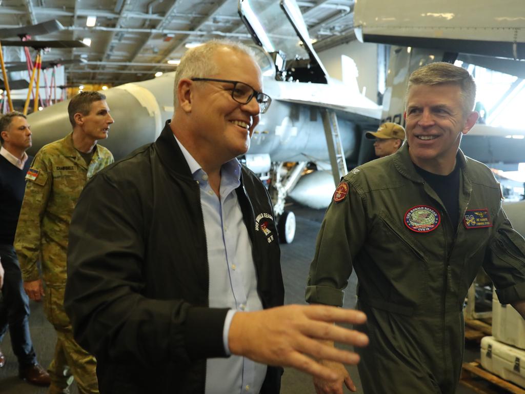 Scott Morrison tours the USS Ronald Reagan. Picture: Adam Taylor