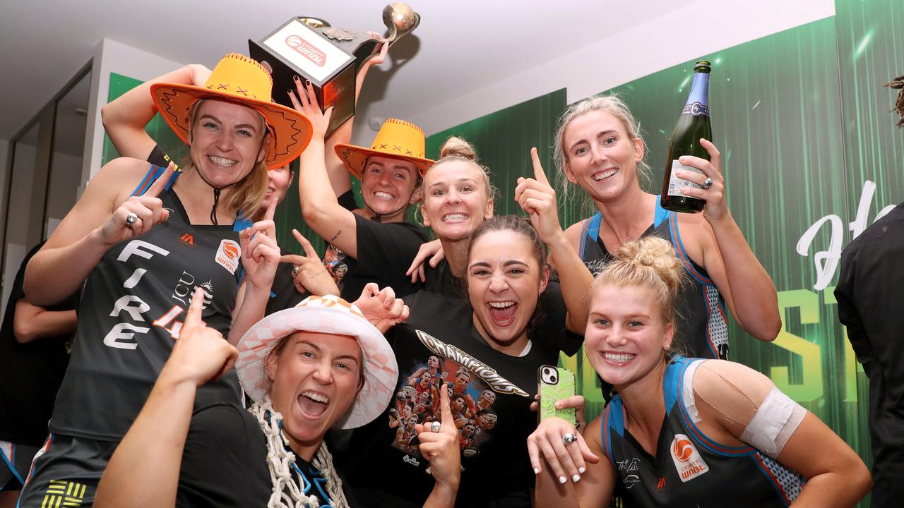 Townsville Fire celebrate winning the WNBL Championship during games two of the WNBL Grand Final series between Southside Flyers and Townsville Fire at State Basketball Centre, on March 22, 2023, in Melbourne, Australia. (Photo by Kelly Defina/Getty Images)