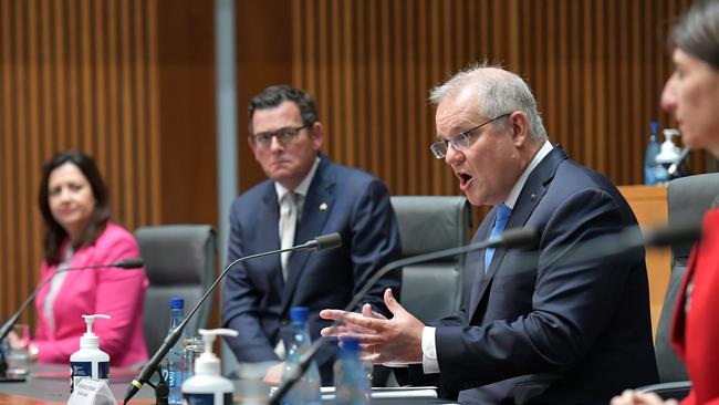 Former prime minister Scott Morrison with former premiers Annastacia Palaszczuk (left), Daniel Andrews and Gladys Berejiklian. Picture: Getty Images