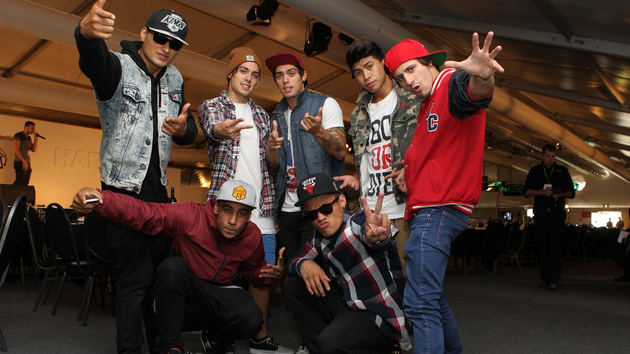 Justice Crew in 2013: Solo Tohi and Emmanuel Rodriguez upfront, Samson Smith, Lenny Pearce, John Pearce, Paulie Merciadez, and Lukas Bellesini up the back.