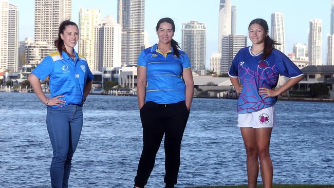 THe Gold Coast has been given field extension approval to expand their girls rugby 7s program. Photo of Brooklyn Manu (C) from GCDRU who has fought for this with Annaleise Stoyko (L) and Skylah Samson (14). Picture by Richard Gosling