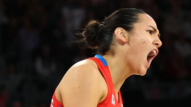 MELBOURNE, AUSTRALIA - JULY 08: Sophie Fawns of the Swifts reacts during the 2023 Super Netball Grand Final match between Adelaide Thunderbirds and NSW Swifts at John Cain Arena on July 08, 2023 in Melbourne, Australia. (Photo by Graham Denholm/Getty Images)