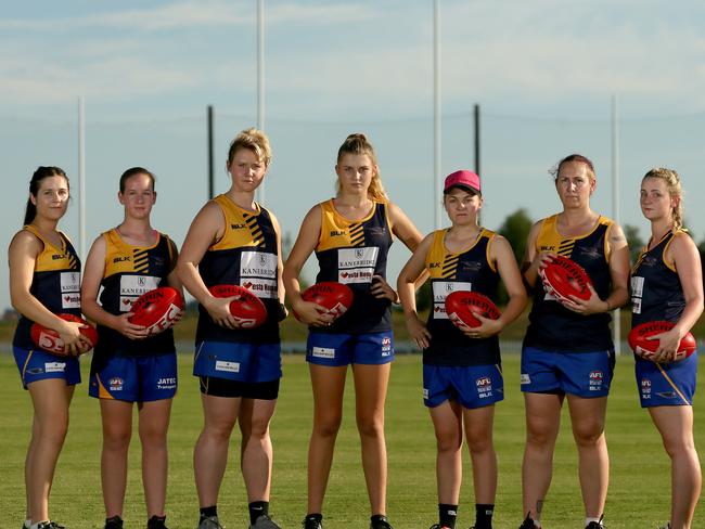 Jess Bannerman, Aimee Cornwell, Zoe Watson, Emily Hurley, Chloe Arndt, Steph Jenkins and Tara Deith are members of the historic first women’s team at the Eagles.