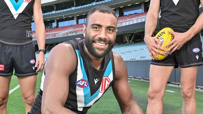 MARCH 16, 2024: Port Adelaide debutants  Brandon Zerk-Thatcher, Esava Ratugolea and Ivan Soldo. Picture: Brenton Edwards