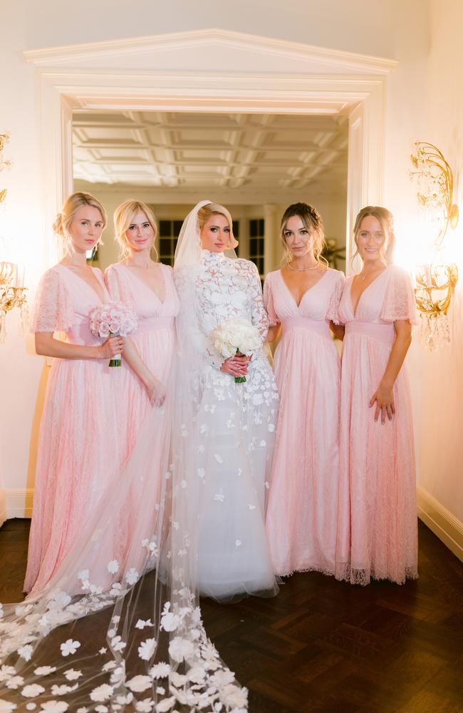 Paris with her bridesmaids Tessa Hilton, Halle Reum Hammond, Paris Hilton and Farrah Aldjufrie. Picture: Jose Villa/Shutterstock/Media Mode