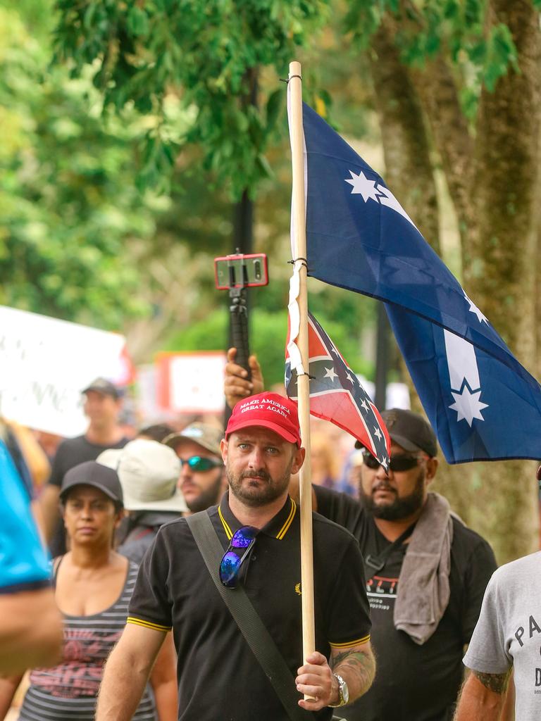 Protesters congregate at the Cenotaph at a Free in the NT march in Darwin. Picture: Glenn Campbell