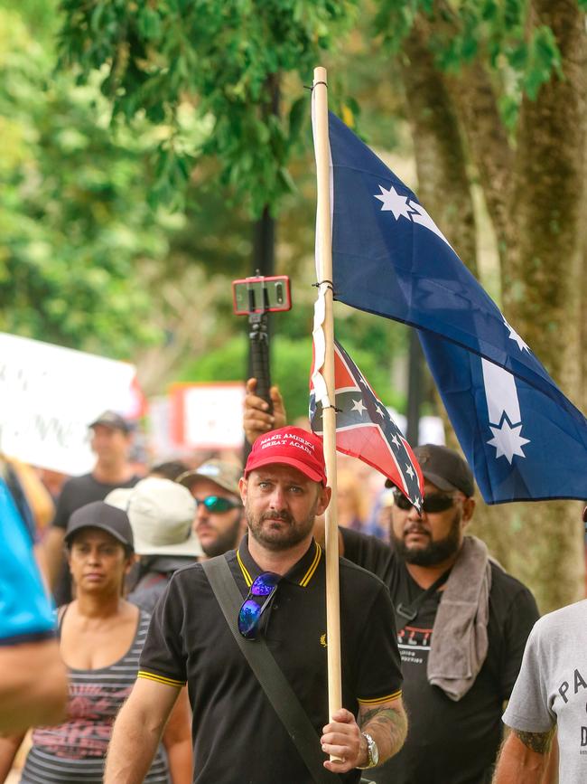 Protesters congregate at the Cenotaph at a Free in the NT march in Darwin. Picture: Glenn Campbell