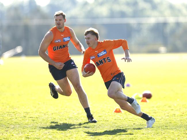 Josh Fahey and Matthew Flynn during the GWS Giants training session on July 27, 2023. Photo by Phil Hillyard (Image Supplied for Editorial Use only – **NO ON SALES** – Â©Phil Hillyard )