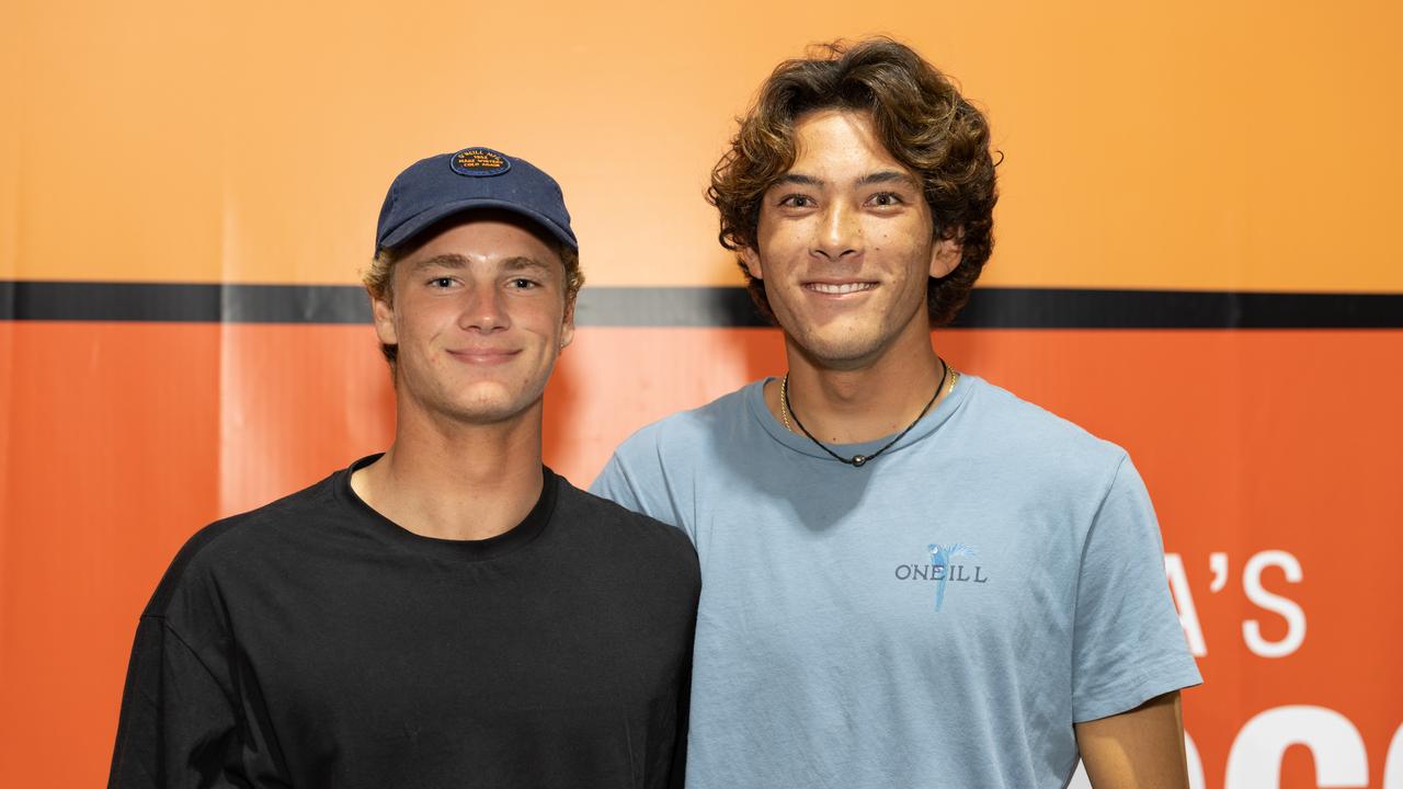 Luke Thompson and Shion Crawford, at the Gold Coast Pro surfing contest launch party for The Pulse. Picture: Celeste Humphrey