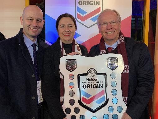 NRL chief executive officer Todd Greenberg, Premier Annastacia Palaszczuk and ARLC chairman Peter Beattie with the women’s State of Origin shield in Sydney