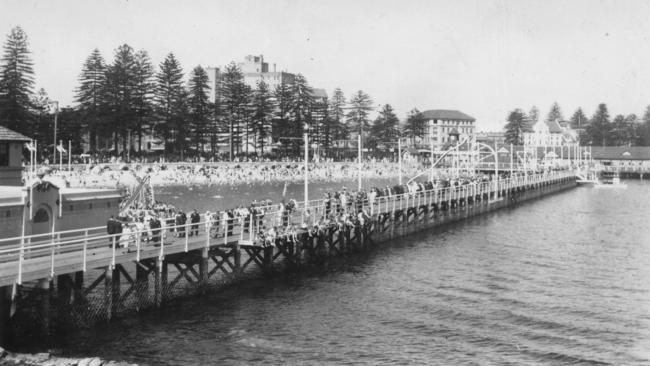 The promenade that enclosed the harbour pool at Manly before it was destroyed during a storm in 1974. Picture: Northern Beaches Library