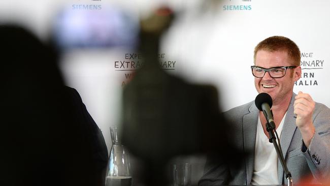 Heston Blumenthal speaks to the media at today’s launch of the 2014 Margaret River Gourmet Escape. Picture: Daniel Wilkins