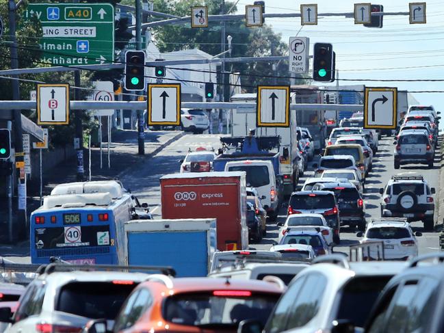 DAILY TELEGRAPH 30TH NOVEMBER 2023Pictured is commuter traffic coming off the Iron Cove Bridge on Victoria Road at Rozelle, heading in to the city.Traffic has been in chaos with commuters adapting to road changes since the opening of the Rozelle Interchange.Picture: Richard Dobson