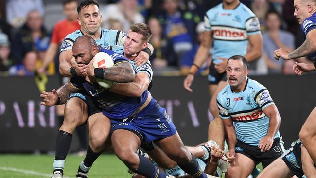 Junior Paulo carried two players over the line for his try. Photo by Cameron Spencer/Getty Images