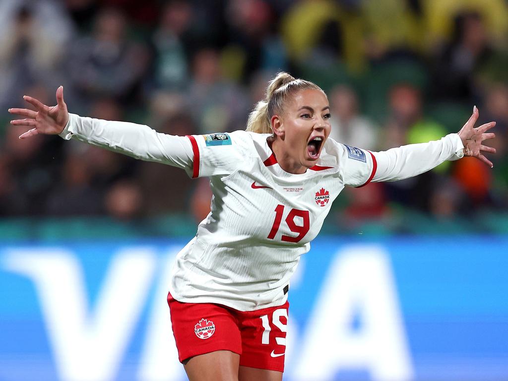 Canadian joy as Adriana Leon celebrates after scoring her team's second goal versus Ireland in Perth. Picture: Will Russell/Getty Images