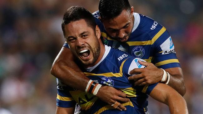 Jarryd Hayne celebrates scoring a try for the Eels against the Cowboys. Picture: Getty Images