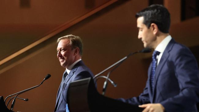 Premier Steven Miles and opposition leader David Crisafulli in the Queensland election leaders debate. Picture: Liam Kidston