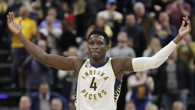 Indiana Pacers' Victor Oladipo celebrates during overtime of an NBA basketball game against the Denver Nuggets, Sunday, Dec. 10, 2017, in Indianapolis. (AP Photo/Darron Cummings)