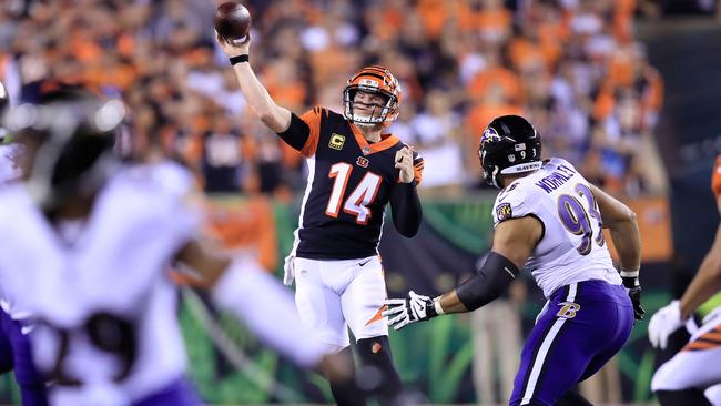 CINCINNATI, OH - SEPTEMBER 13: Andy Dalton #14 of the Cincinnati Bengals throws a pass in the game against the Baltimore Ravens at Paul Brown Stadium on September 13, 2018 in Cincinnati, Ohio. Andy Lyons/Getty Images/AFP == FOR NEWSPAPERS, INTERNET, TELCOS &amp; TELEVISION USE ONLY ==