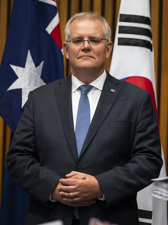 Scott Morrison hailed the in-principle agreement as a ‘strategic partnership’ that will allow for 100 million mRNA vaccines to be produced during a pandemic. Picture: Martin Ollman