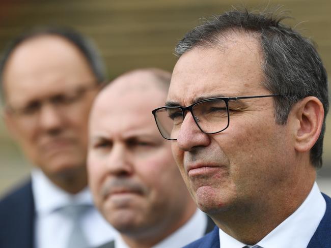 ADELAIDE, AUSTRALIA - NewsWire Photos October 15,  2020: Treasurer of the Liberal party Josh Frydenberg and South Australian Premier Steven Marshall speak to the media at Norwood Oval during a visit to Adelaide. Picture: NCA NewsWire / David Mariuz