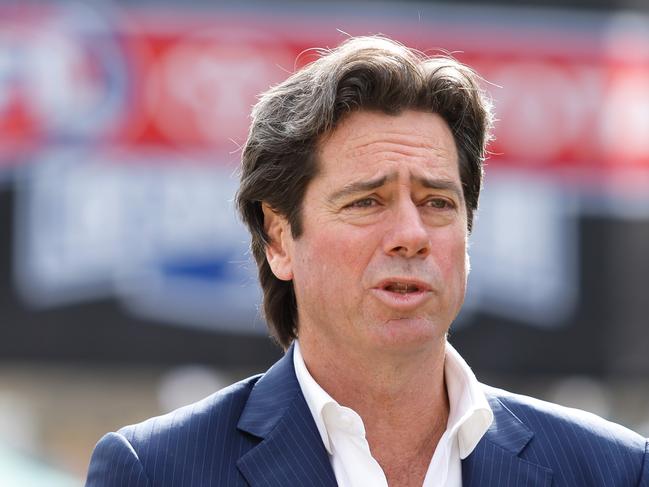 MELBOURNE, AUSTRALIA - SEPTEMBER 27: Gillon McLachlan, Chief Executive Officer of the AFL speaks to the media during the 2023 Grand Final Footy Festival Launch at Melbourne Cricket Ground on September 27, 2023 in Melbourne, Australia. (Photo by Dylan Burns/AFL Photos via Getty Images)