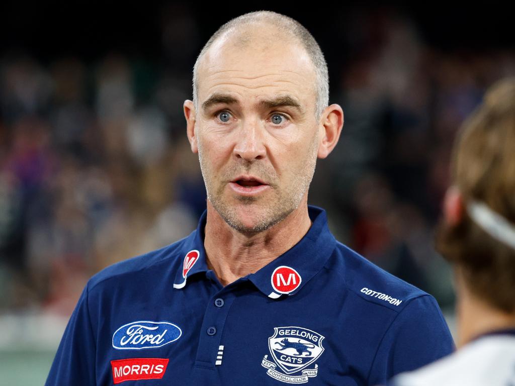 MELBOURNE, AUSTRALIA - MAY 04: Steven King, Assistant Coach of the Cats addresses his players during the 2024 AFL Round 08 match between the Melbourne Demons and the Geelong Cats at The Melbourne Cricket Ground on May 04, 2024 in Melbourne, Australia. (Photo by Dylan Burns/AFL Photos via Getty Images)