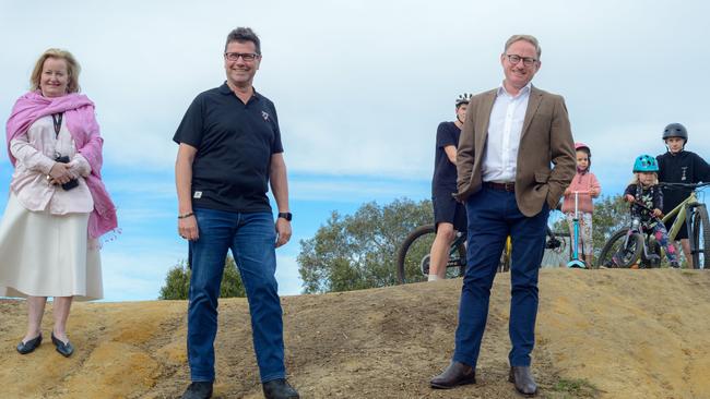 PUMPED: Ben Franklin MLC with Cr Neil Marks and General Manager Shelley Oldham at Nesbitt Park in South Lismore to announce funding to upgrade the BMX track to a asphalt pump track.