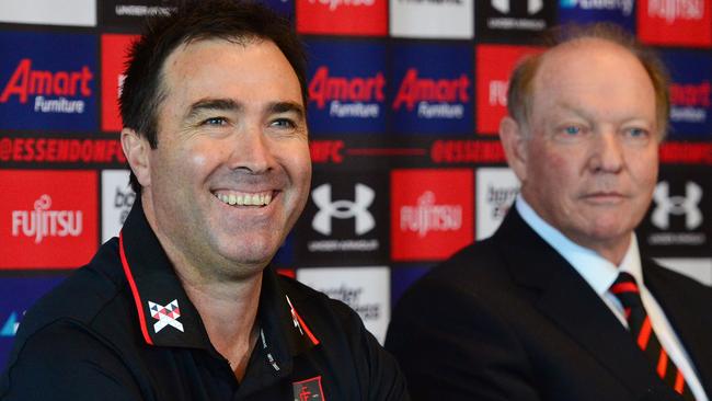 MELBOURNE, AUSTRALIA - NewsWire Photos SEPTEMBER 30TH, 2022: Newly-appointed senior coach Brad Scott, with Essendon President David Barham,  speaking to the media at the NEC Hangar. Picture: NCA NewsWire / Nicki Connolly