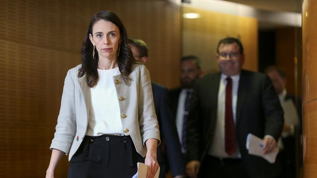 New Zealand Prime Minister Jacinda Ardern arrives to announce maintaining New Zealand's current COVID-19 restrictions for another 12 days. Picture: Hagen Hopkins/Getty Images