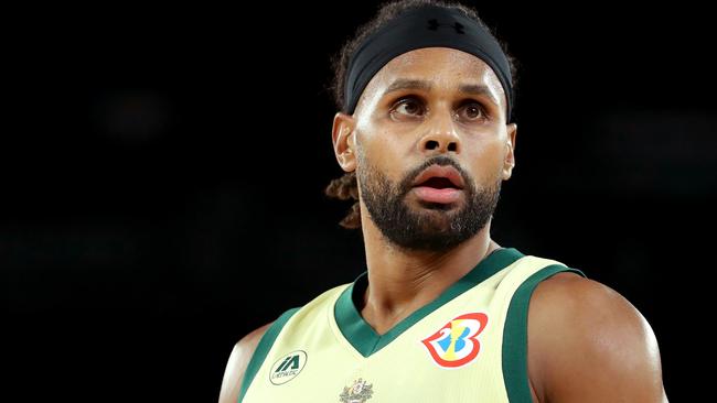 MELBOURNE, AUSTRALIA - AUGUST 17: Patty Mills of Australia looks on during the match between the Australian Boomers and South Sudan at Rod Laver Arena on August 17, 2023 in Melbourne, Australia. (Photo by Kelly Defina/Getty Images)