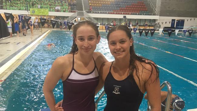 Mollie O'Callaghan and Tahlia Thornton at the QGSSSA swim meet.