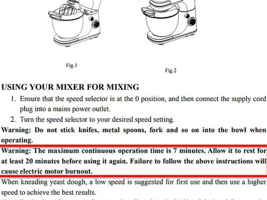 The instructions urge users not to use the mixer for more than seven minutes.