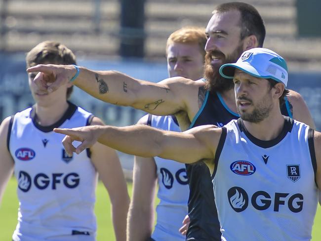 Port Adelaide training.Travis Boak and Charlie Dixon.Thursday 24 February  2022 Pic Roy VanDerVegt