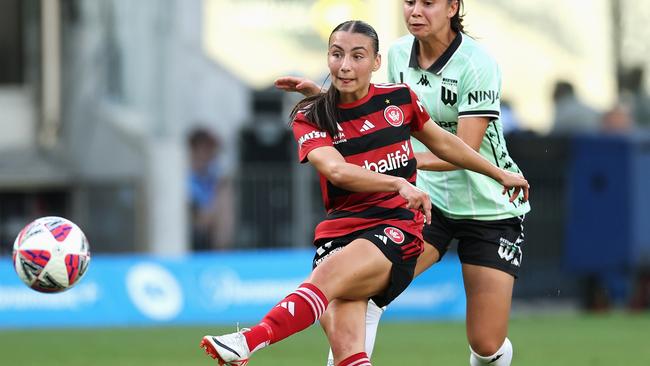 SYDNEY, AUSTRALIA - DECEMBER 14: Sienna Saveska of the Wanderers scores a goal during the round six A-League Women's match between Western Sydney Wanderers and Western United at CommBank Stadium, on December 14, 2024, in Sydney, Australia. (Photo by Cameron Spencer/Getty Images)