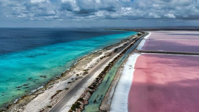 Aerial view of beaches and salt flats in Bonaire